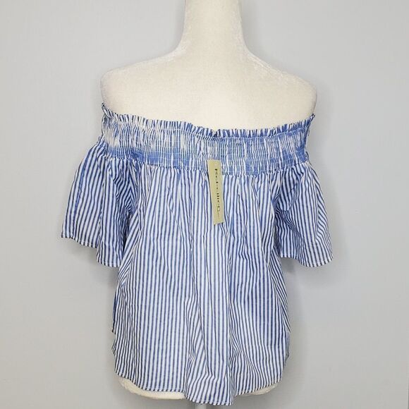 NEW Rebellion Again off the shoulder blue striped boho top‎ blouse S - Picture 4 of 7